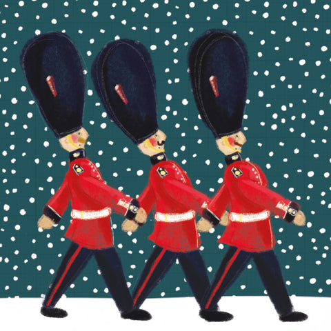 a Christmas card featuring three soldiers marching in the snow