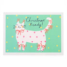 Greetings card with a cat illustration and 'Christmas Ready!' text on a green background