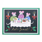 Card with illustration of three mice at a table with food, candles, and holly leaves on a black background with the text 'Let's Feast'.