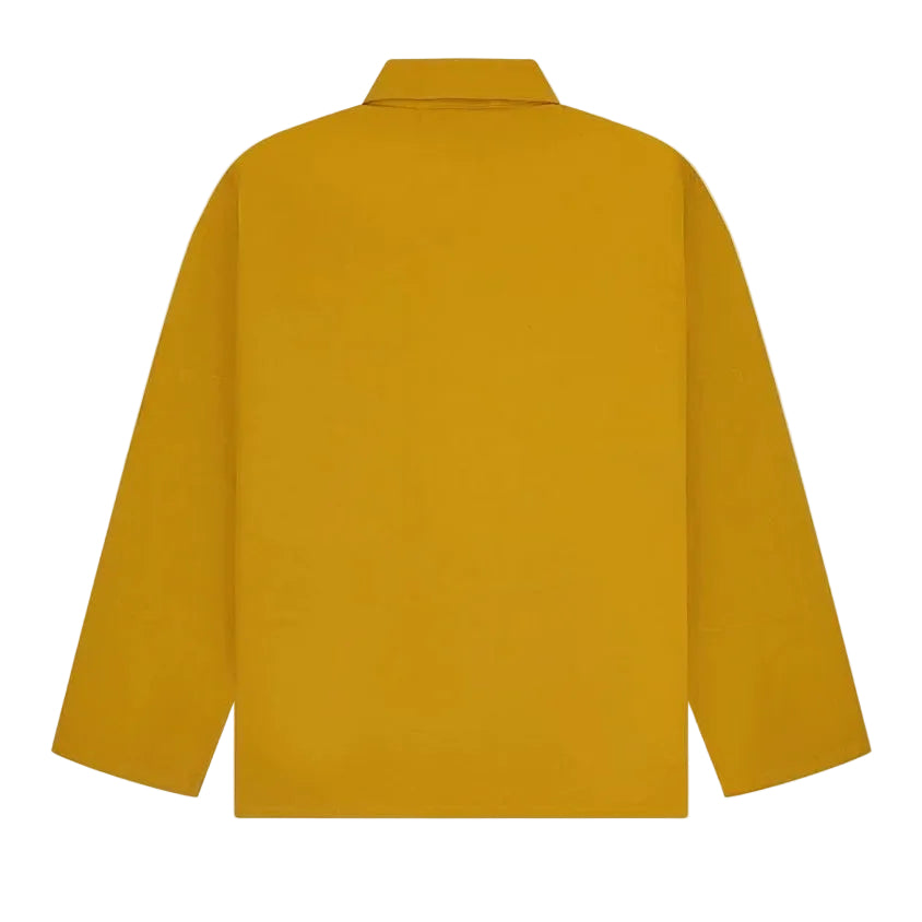 Reverse view of yellow overshirt.