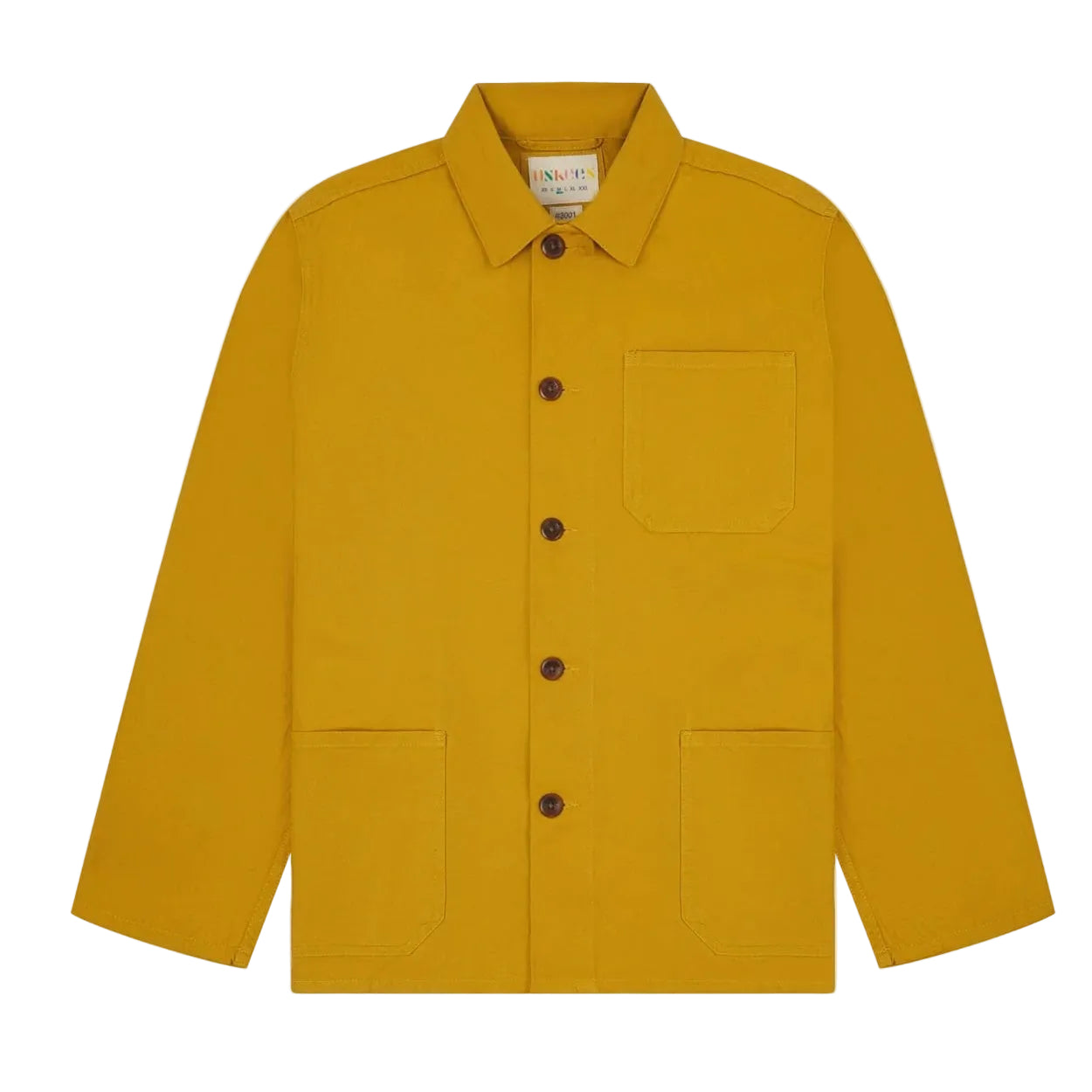 Front view of a yellow overshirt with collar, buttons and 3 front pockets.