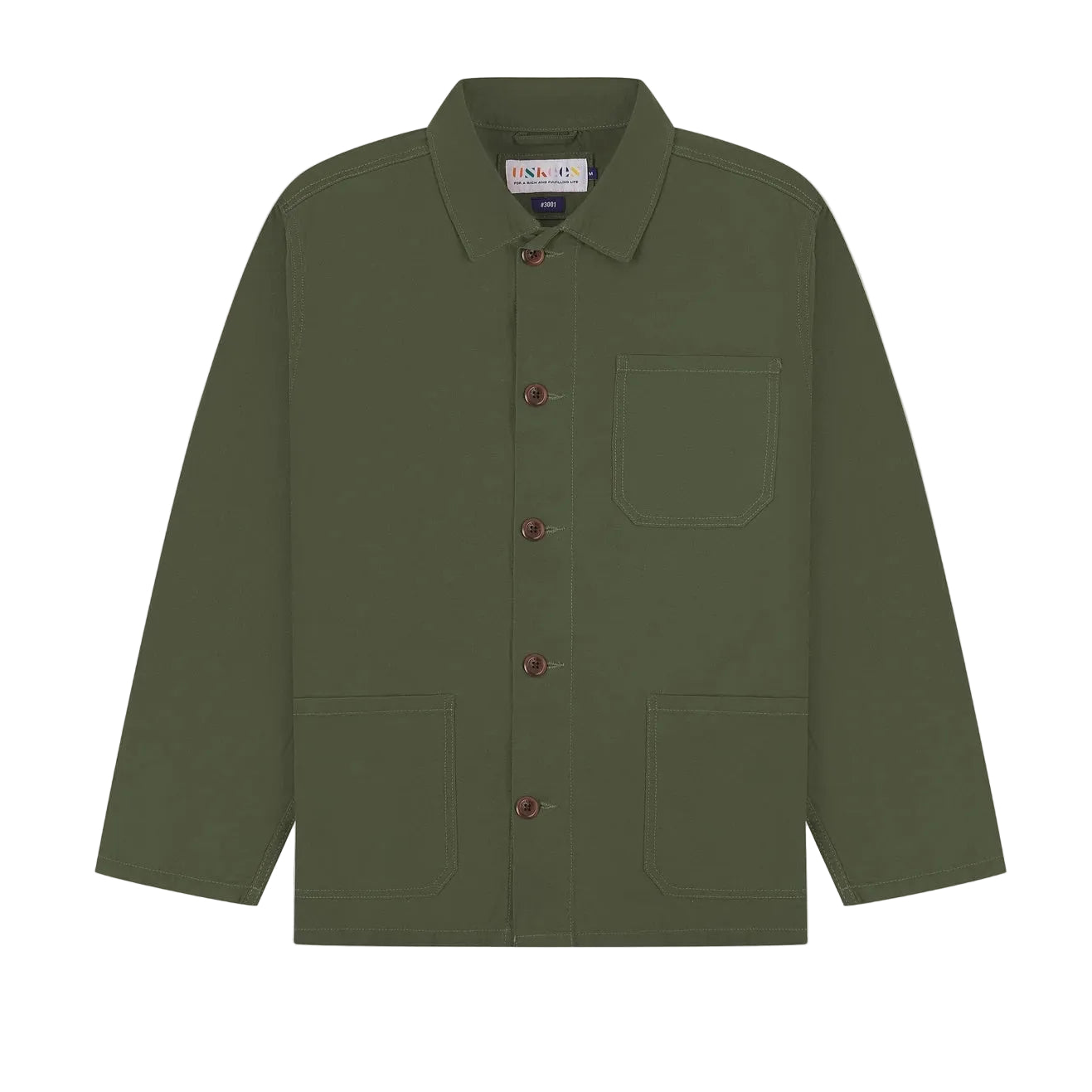 Front view of a deep green overshirt with collar, buttons and pockets,