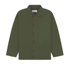 Front view of a deep green overshirt with collar, buttons and pockets,