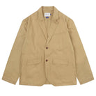 A khaki tone blazer with two buttons and side pockets. 