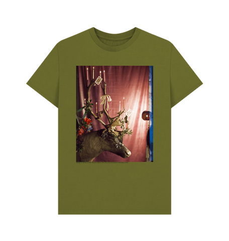 Moss Green Reindeer by Yevonde Unisex Crew Neck T-shirt