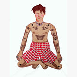 Harry Styles puppet - shirtless and wearing red heart shorts sitting cross legged.