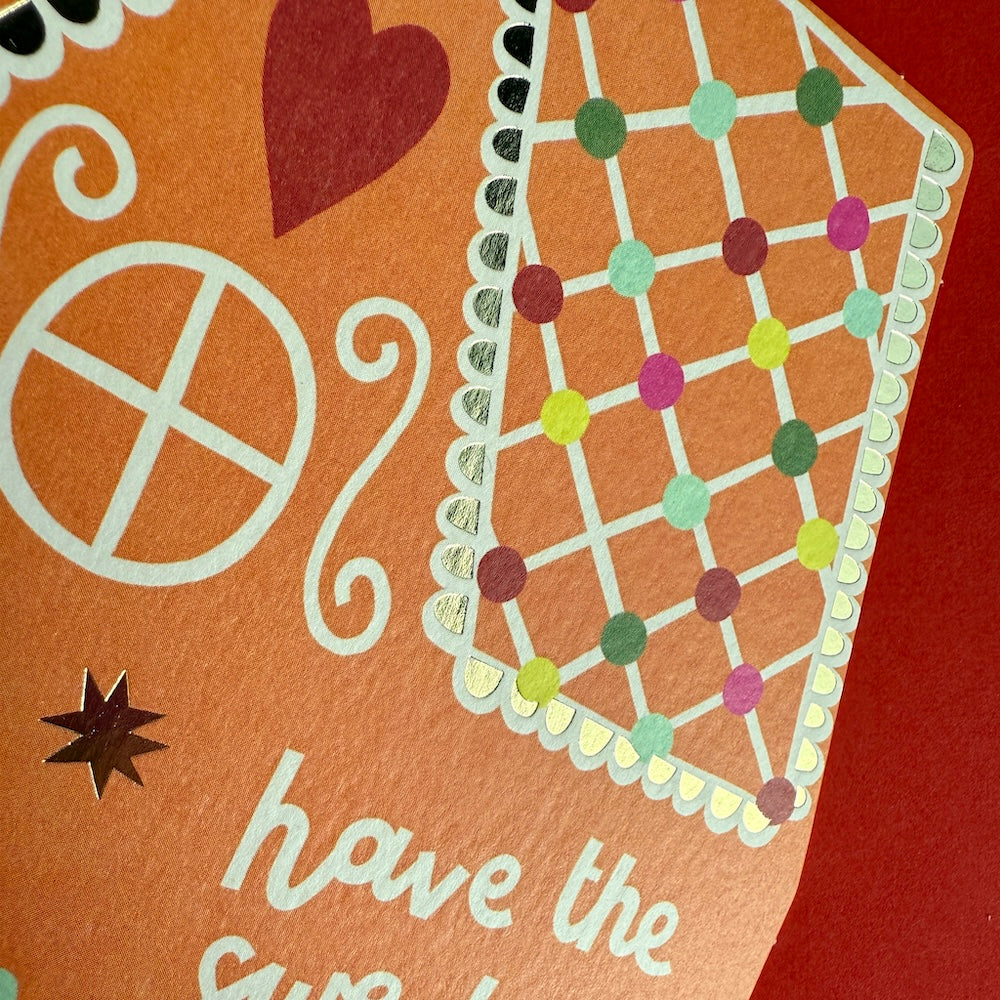 Raspberry_blossom_shaped_gingerbread_house_foil_christmas_greeting_card_detail_brs12