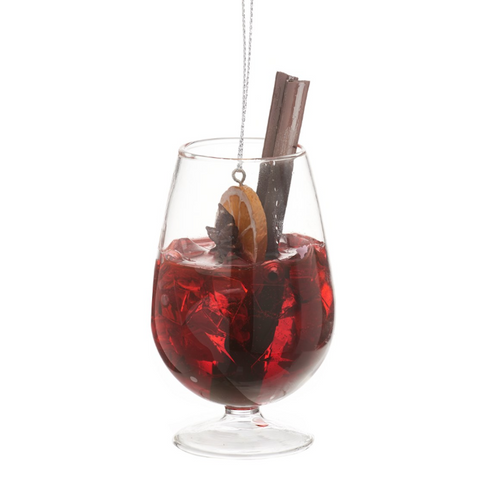 A beautiful glass decoration depicting a glass of mulled wine
