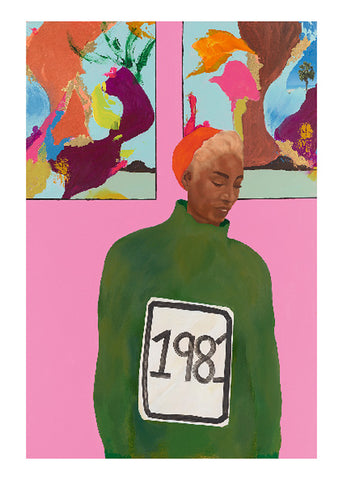 A painting of a woman in green '1981' jumper standing against a pink wall with two abstract pictures behind.