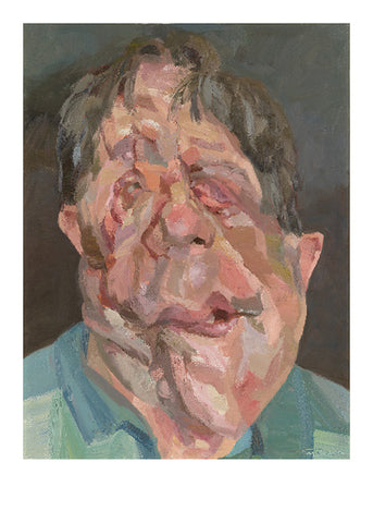An abstract painting featuring a portrait of a man with neurofibromatosis. 