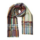 Multicoloured striped woven scarf on a white background