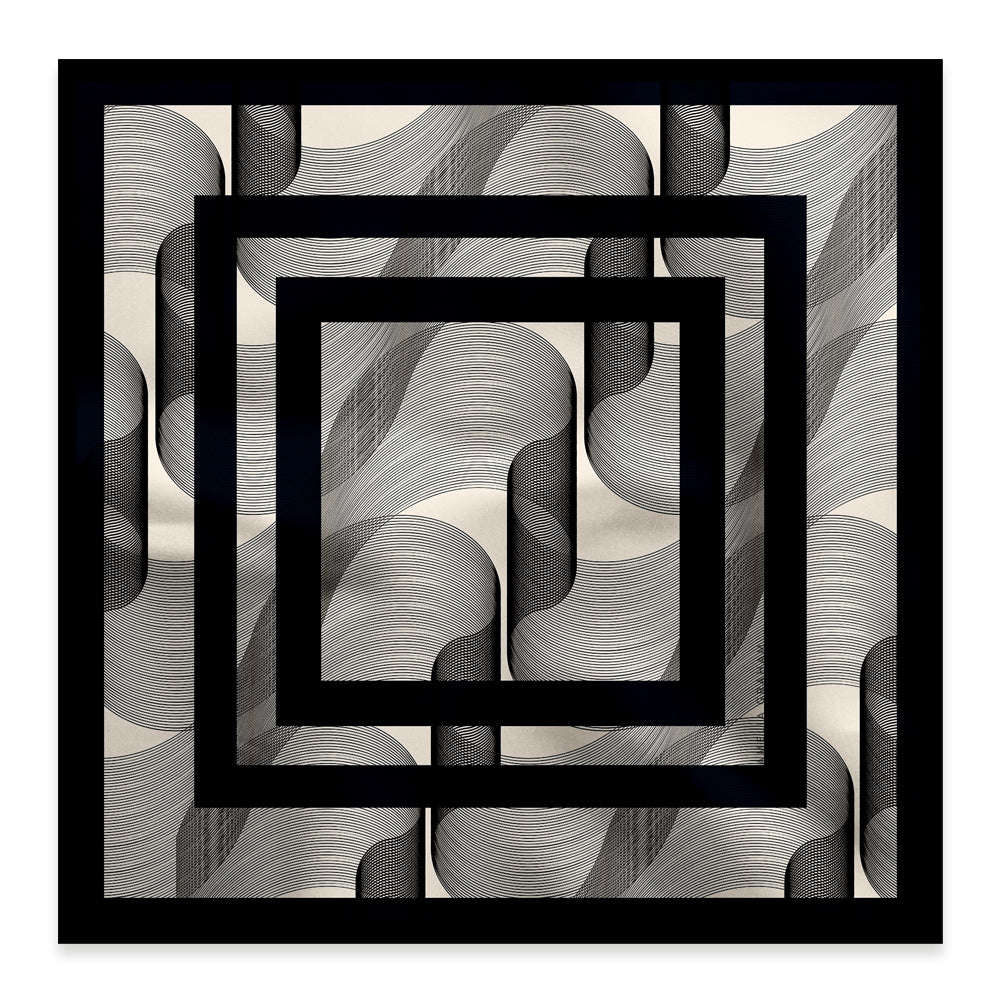 A square scarf featuring an abstract art pattern with geometric shapes and a black frame on a white background