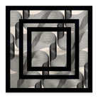 A square scarf featuring an abstract art pattern with geometric shapes and a black frame on a white background