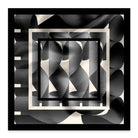 A square scarf with a black and white geometric pattern with a central square frame on a white background
