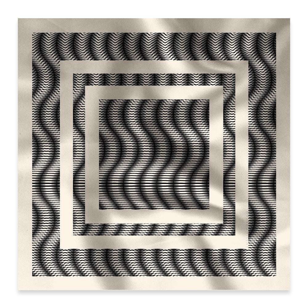 A square scarf with a geometric pattern with concentric squares and wavy lines on a beige background
