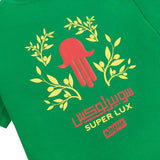 Close up of Fatima's hand graphic print on reverse of green T-Shirt.