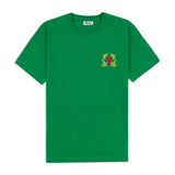 Green T-shirt featuring an embroidered emblem of Fatima's hand in red and yellow.