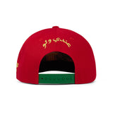 Reverse of green and red baseball cap.