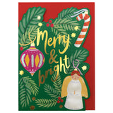 A green Christmas tree branch card with decorations and a gold 'Merry and Bright' on it. 