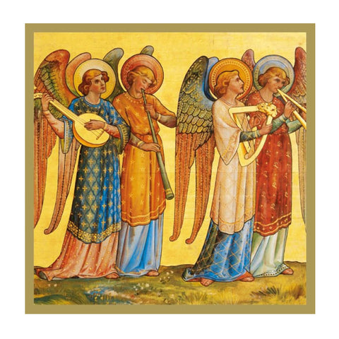 4 colourful and well dressed angels playing instruments against a gold background. 