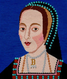 Colourful needlepoint kit of a portrait of Anne Boleyn in a black dress with her 'B' pearl necklace. 