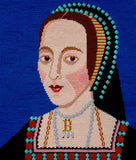 Colourful needlepoint kit of a portrait of Anne Boleyn in a black dress with her 'B' pearl necklace. 