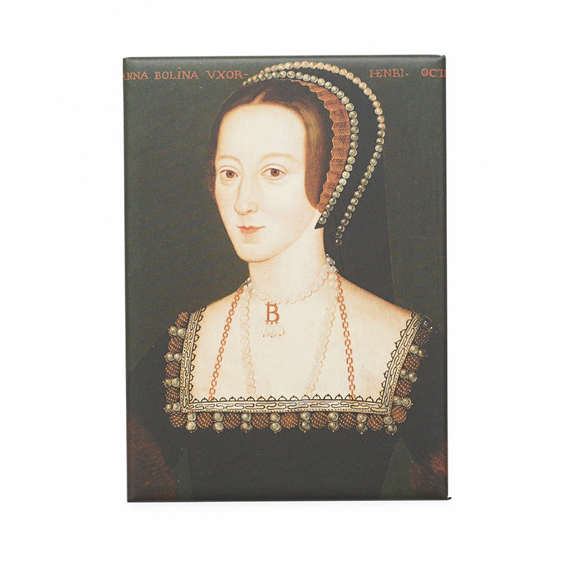Magnet of anne boleyn in a black dress and a black headdress with pearls and her 'b' pearl necklace.