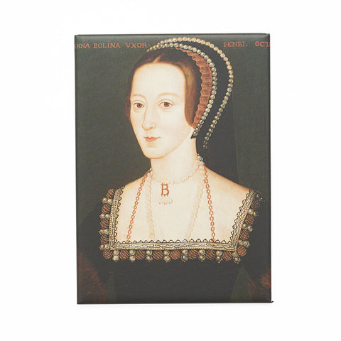 Magnet of Anne Boleyn in a black dress and a black headdress with pearls and her 'B' pearl necklace.