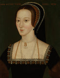 A painted portrait of Anne Boleyn wearing a pearl necklace with letter 'B' pendant. 