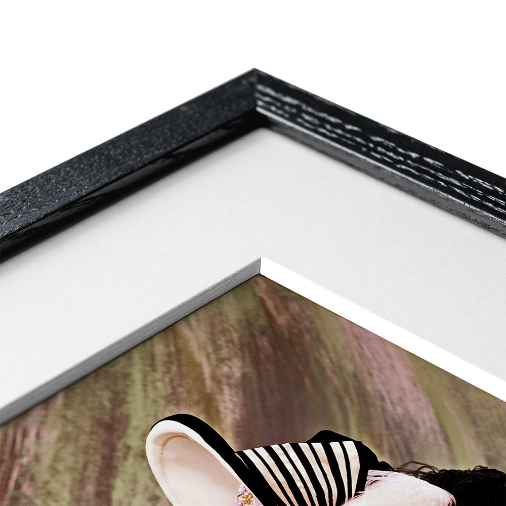 Close up of the corner of a framed photograph.