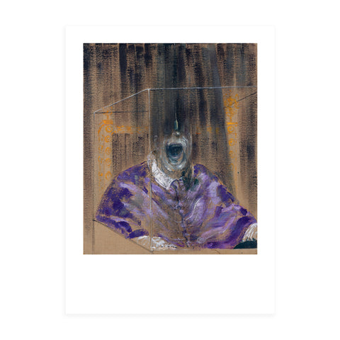 Postcard with an abstract artwork of someone screaming in a purple shirt. 