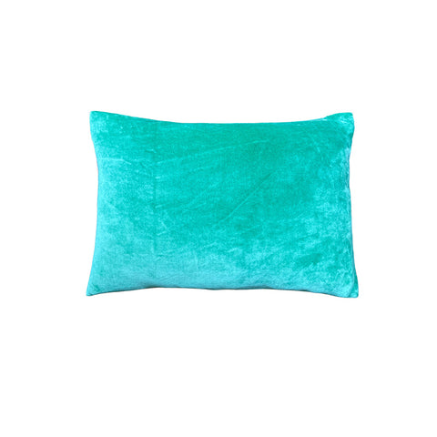 Reverse of rectangular cushion in green velvet. 