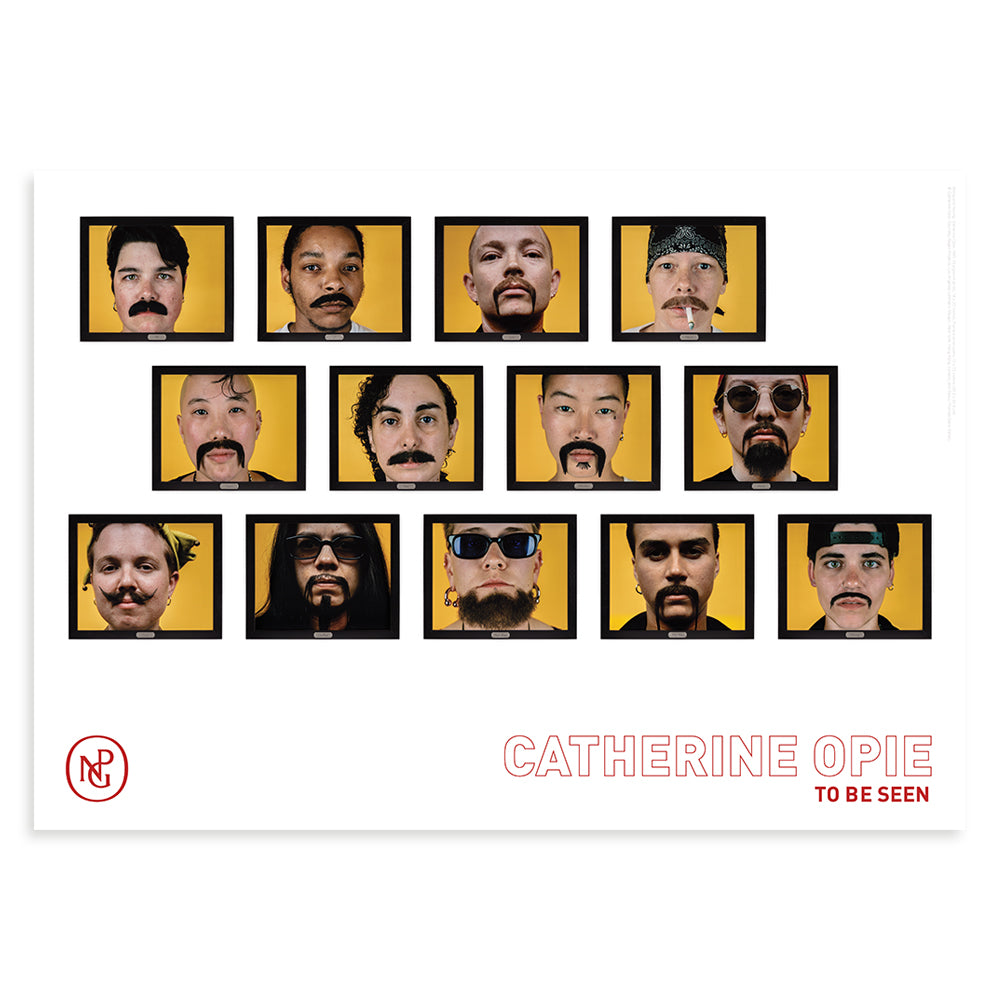 Catherine opie: to be seen exhibition poster featuring multiple portraits of people with different moustaches against a yellow backdrop. 