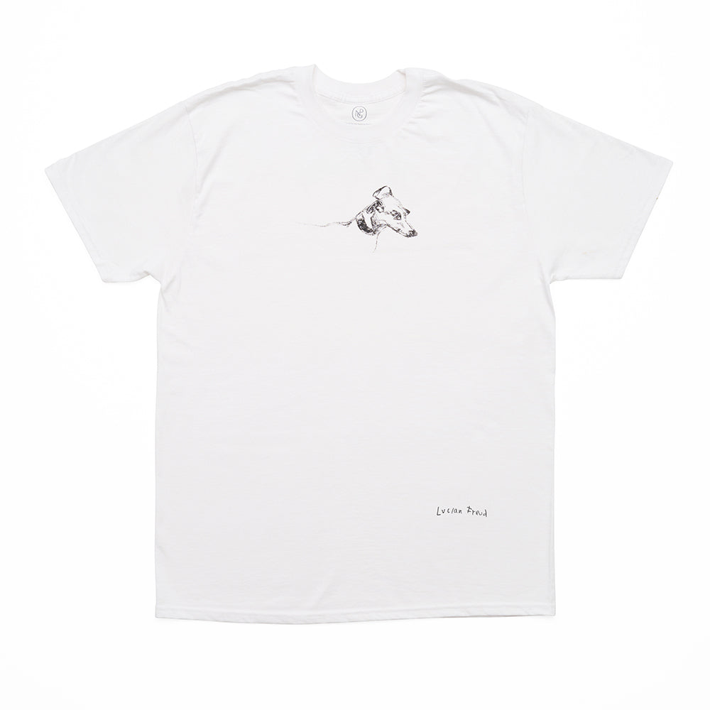 White t shirt with an illustrated dog design and the words 'lucian freud' on a white background