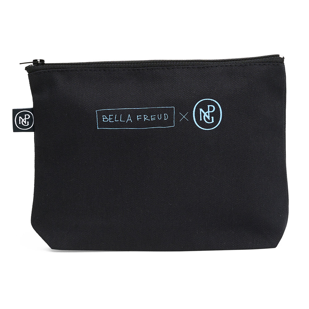 Reverse of black zipped pouch with 'bella freud x npg' in blue. 