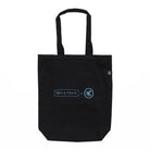 Reverse of a black tote bag with the text 'Bella Freud x NPG' in blue.