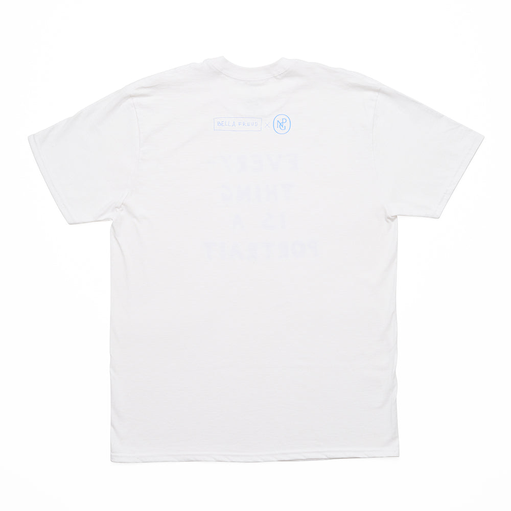 Reverse of white t shirt with 'bella freud x npg' text in blue.