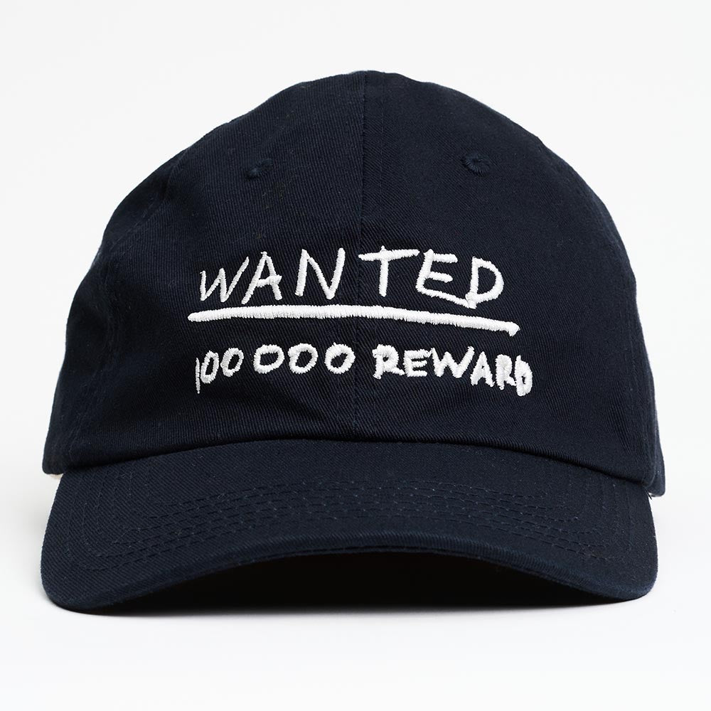 Front view of black cap with 'wanted 100,000 reward' text in white, against a white background