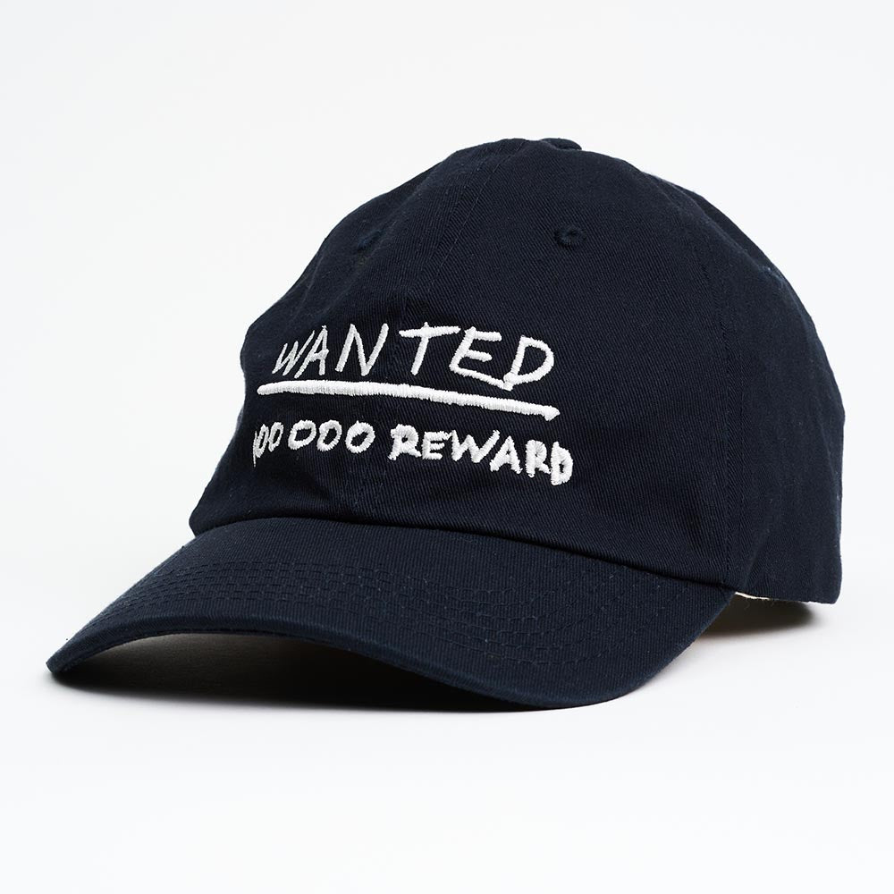 Navy blue cap with 'wanted 100000 reward' text in white against a white background