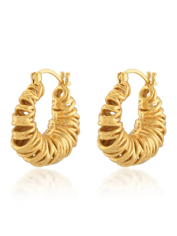 Gold, croissant looking, hoop earrings. 