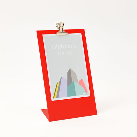 Self standing red clipboard frame.