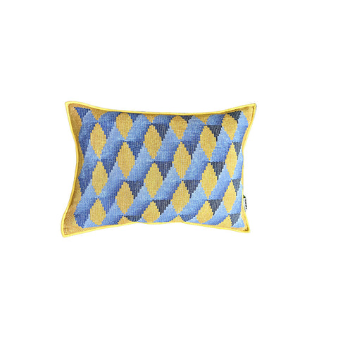 Front view of rectangular linen cushion in a yellow and blue geometric pattern.