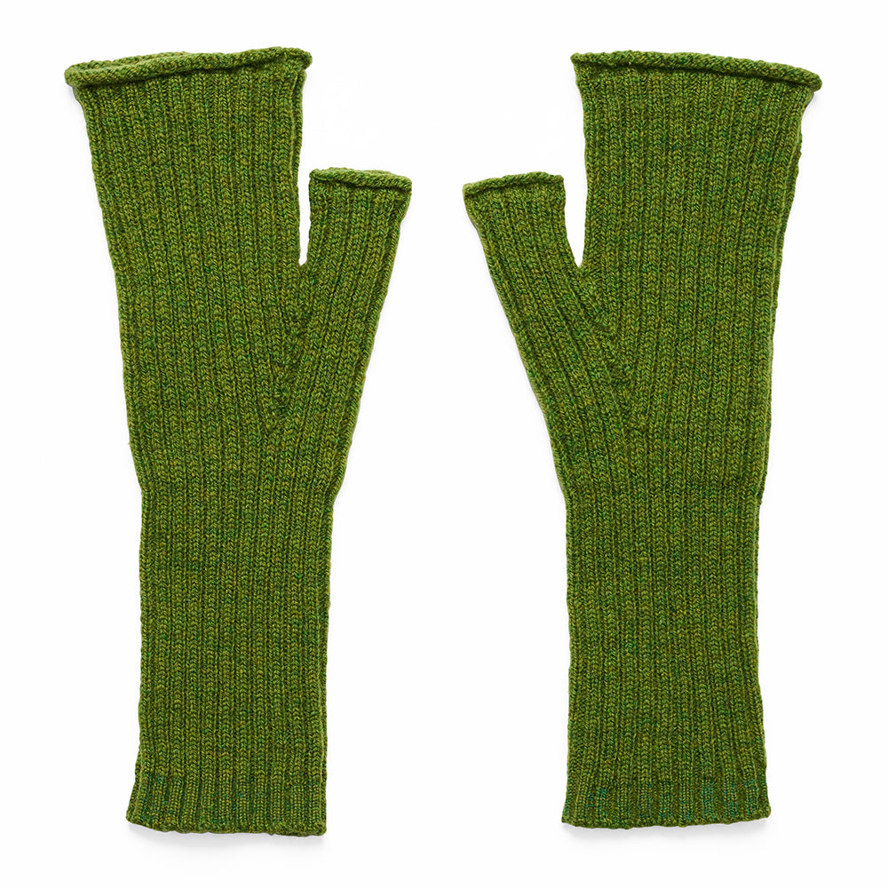 Pair of green fingerless gloves on a white background