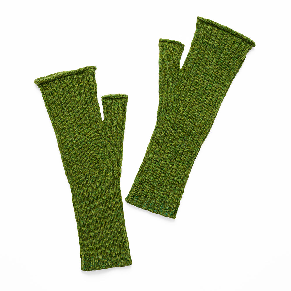 Pair of green fingerless gloves on a white background