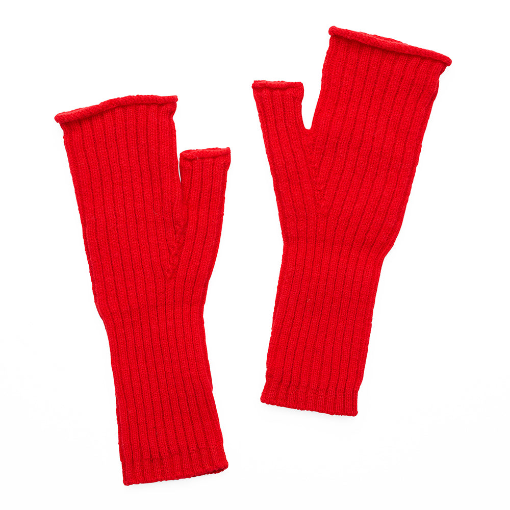 Pair of knitted red fingerless gloves on a white background