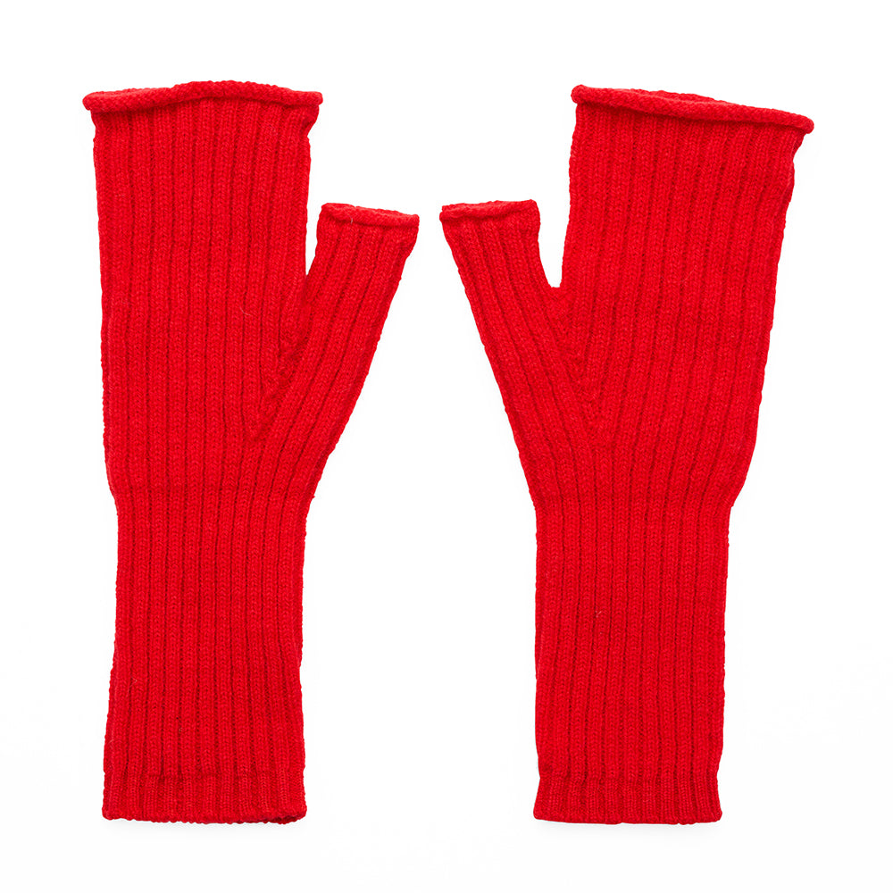 Pair of red knitted fingerless gloves on a white background