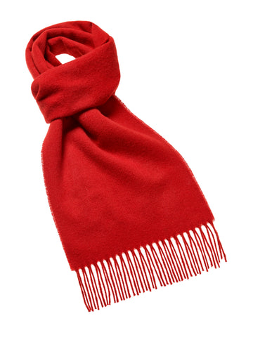 A red wool scarf with tassels at the bottom. 