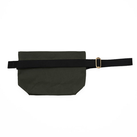 Dark green rectangular canvas belt bag.