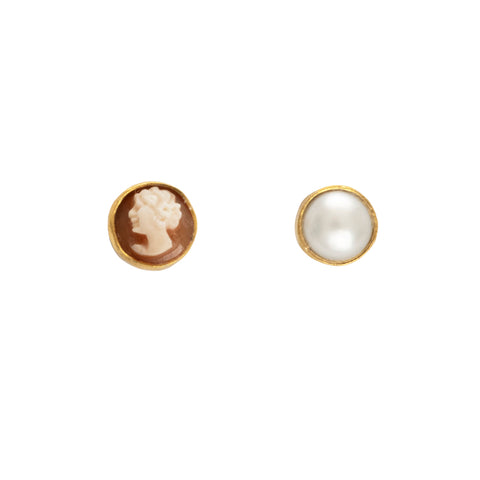 One pearl stud earring and one profile bust stud earring