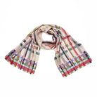 A multicoloured scarf with a geometric pattern of stripes and squared styled in a wrap around fashion. 
